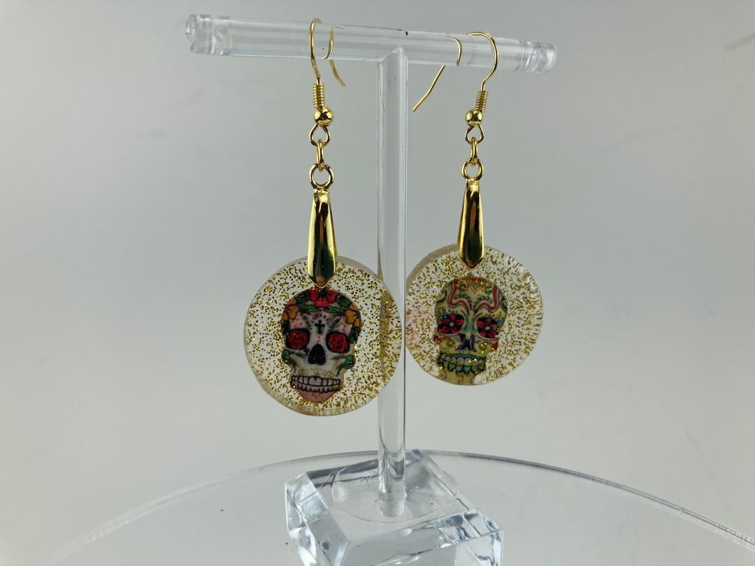 Sugar Skull Earrings in Gold glitter epoxy resin setting