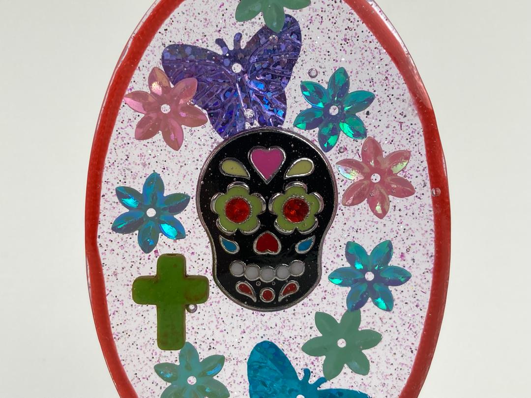 Small Standing Sugar Skull with pink ribbon border