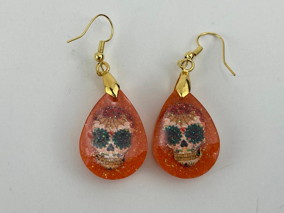 Orange sugar skull earrings