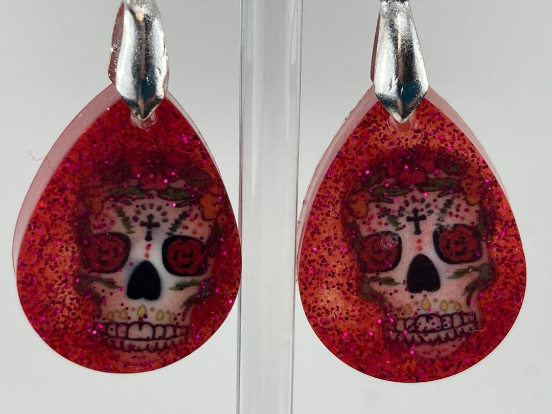 Sugar Skull Earrings in Wine red epoxy resin 