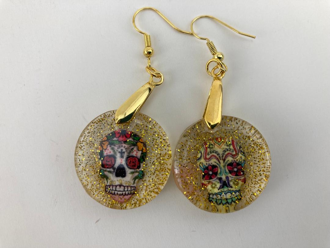 Sugar Skull Earrings in Gold glitter epoxy resin setting