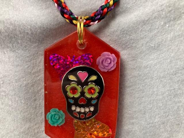 Bright and Colorful Sugar Skull Pendant and Cord