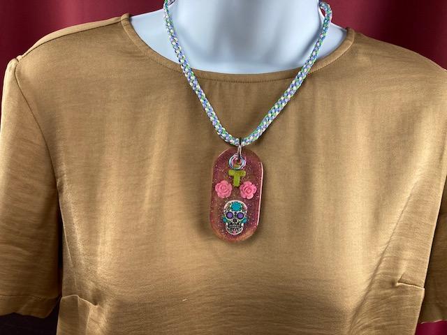 Blue and Pink Sugar Skull Pendant