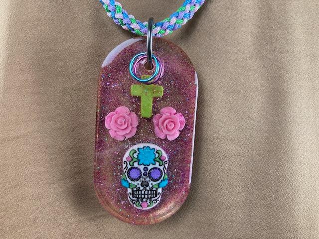 Blue and Pink Sugar Skull Pendant